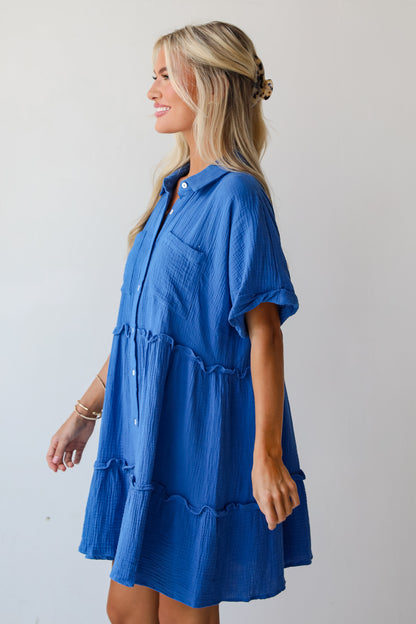 Charming Dynamic Royal Blue Linen Tiered Mini Dress