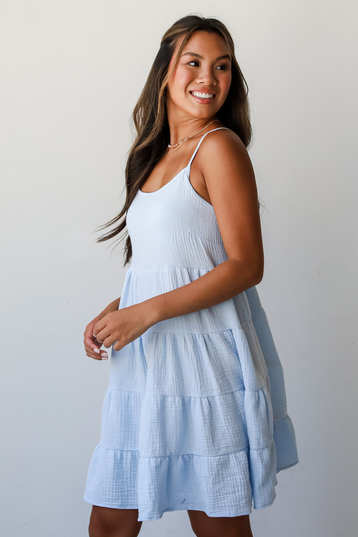 Sweetest Impact Light Blue Linen Tiered Mini Dress