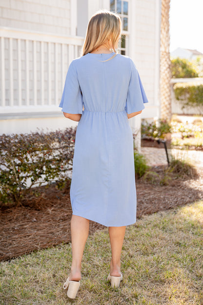 grey blue midi dress Isabeau Dusty Blue Midi Dress