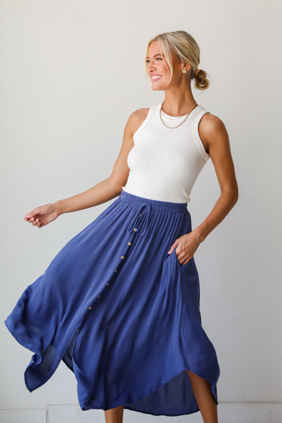 Sweetly Sophisticated Blue Button Front Midi Skirt