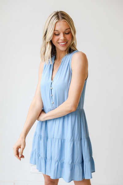 blue Tiered Mini Dress on model