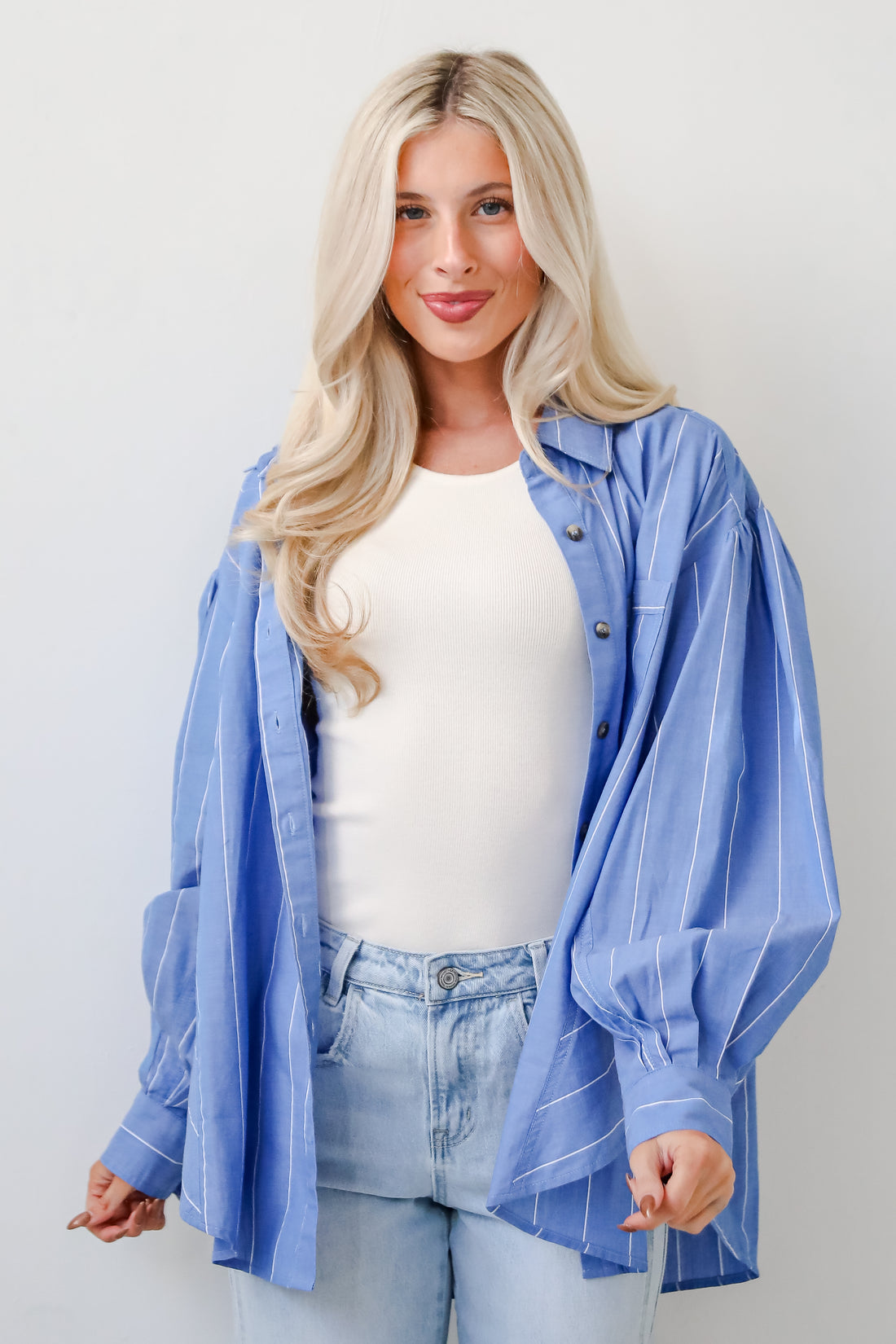 Polished Attitude Blue Pinstripe Button-Up Blouse