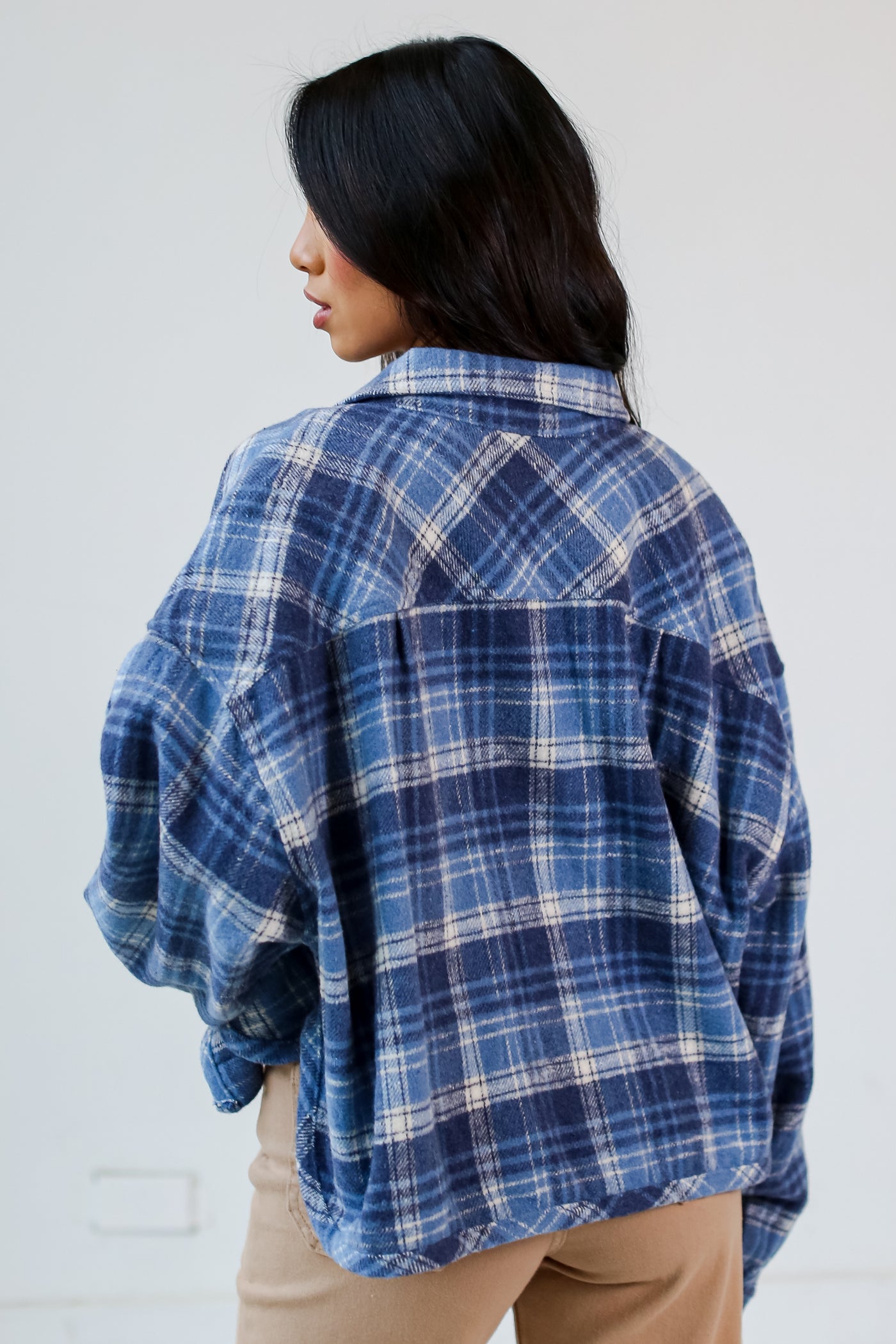 Blue Plaid Cropped Shacket back view