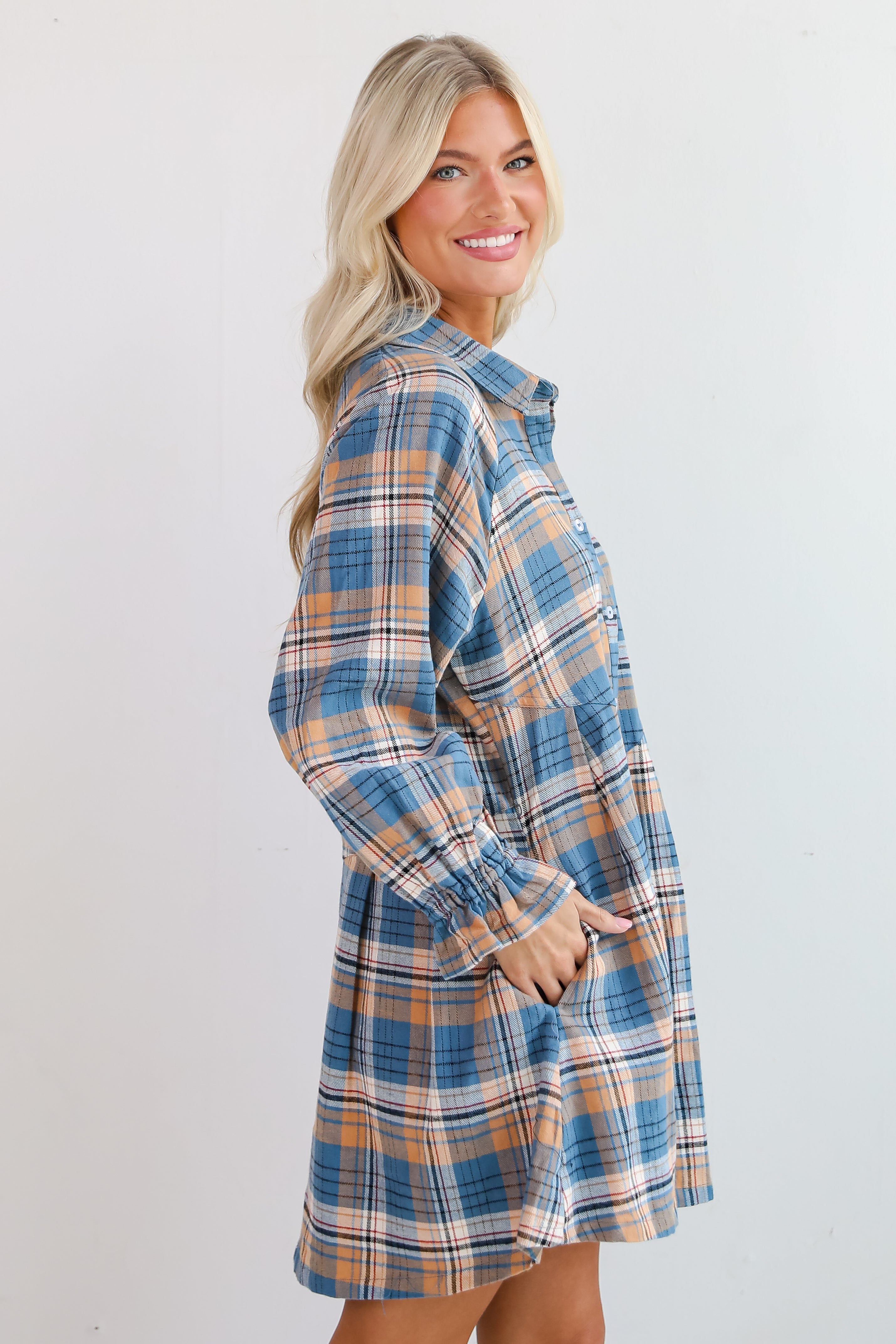 Superior Aesthetic Blue Plaid Flannel Mini Dress