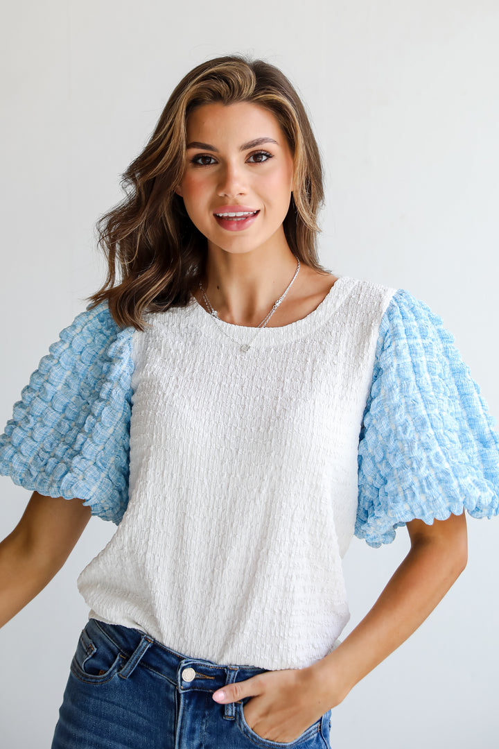 Off White Textured Puff Sleeve Blouse for women