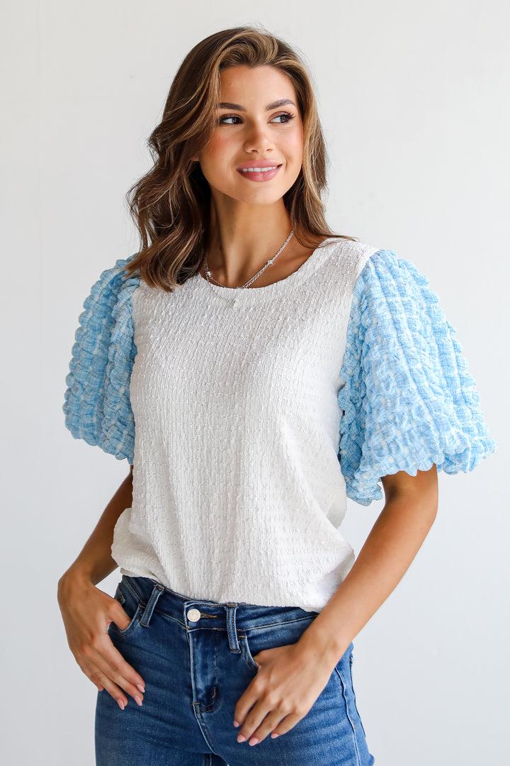 cute Off White Textured Puff Sleeve Blouse