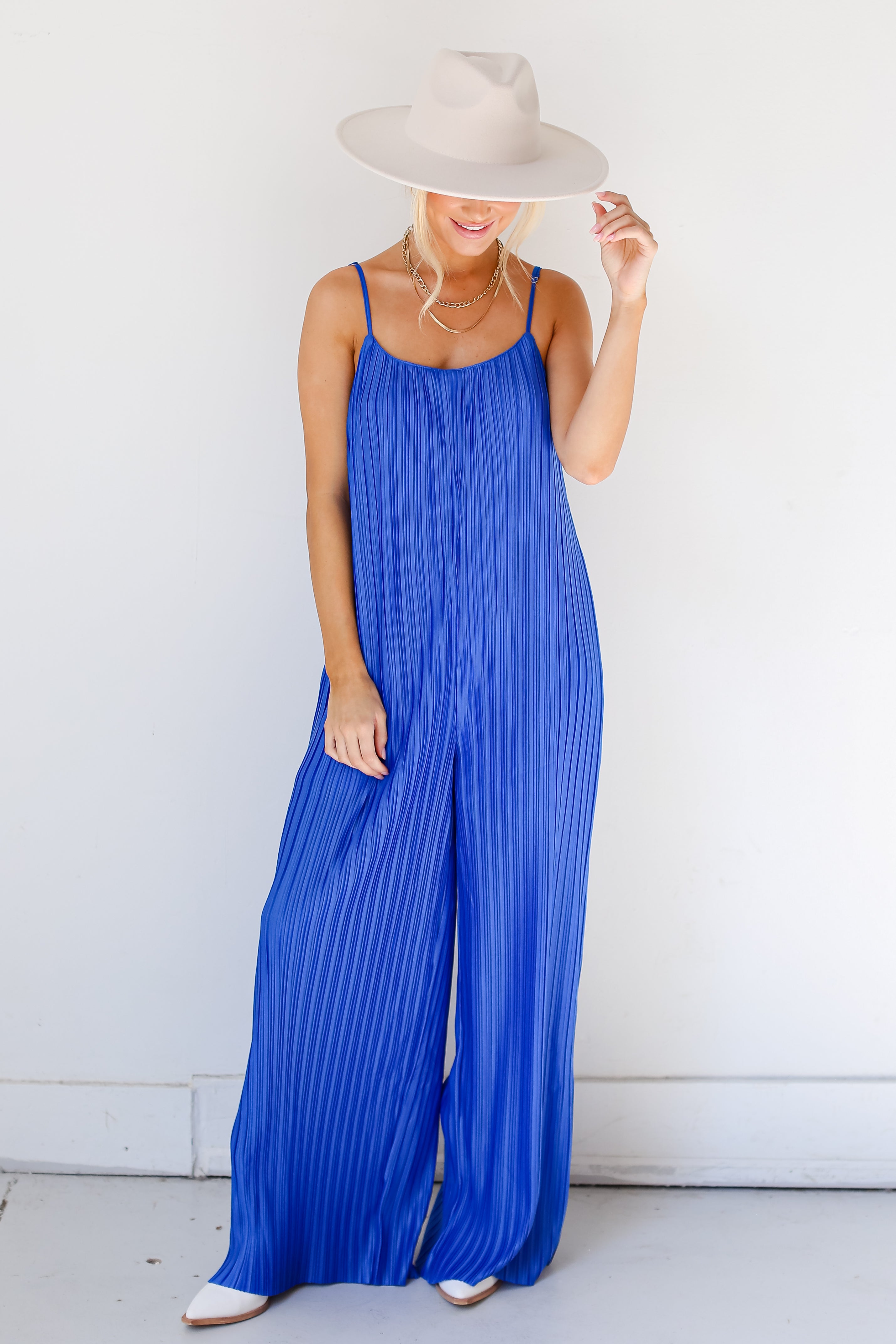 blue Plisse Jumpsuit front view