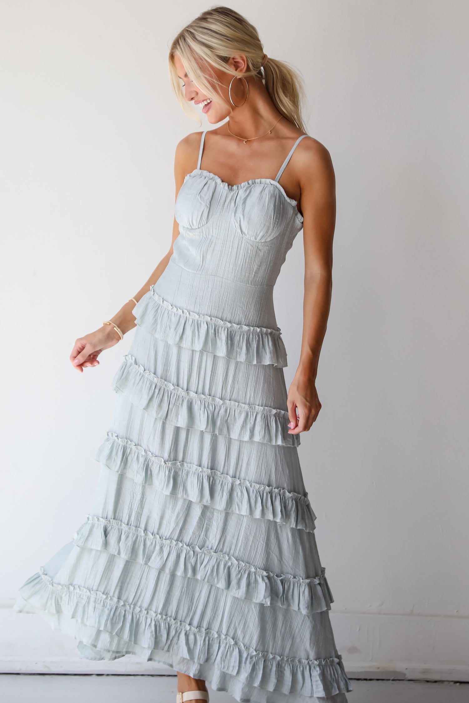 Flattering Attitude Light Blue Ruffle Tiered Maxi Dress