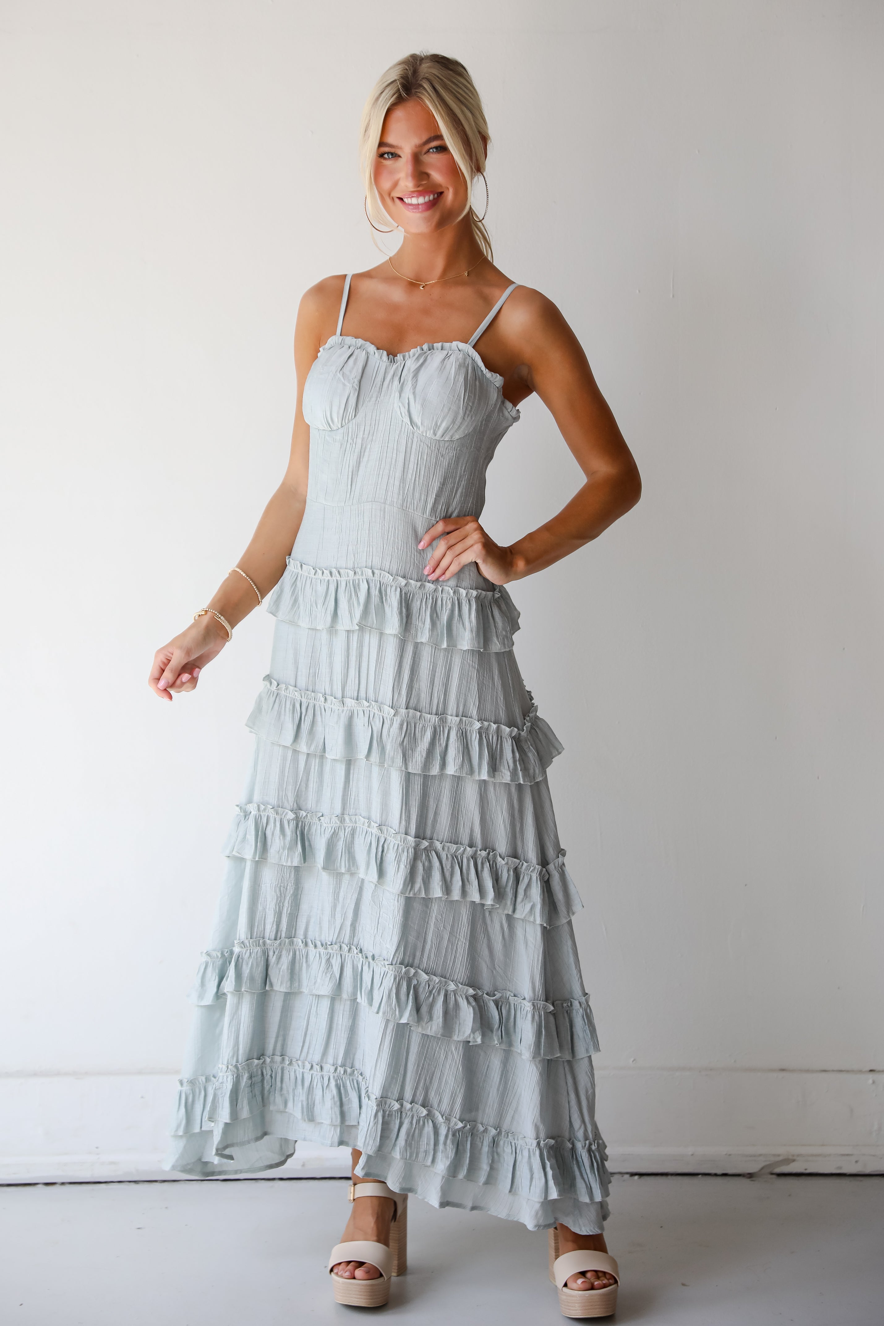 Flattering Attitude Light Blue Ruffle Tiered Maxi Dress