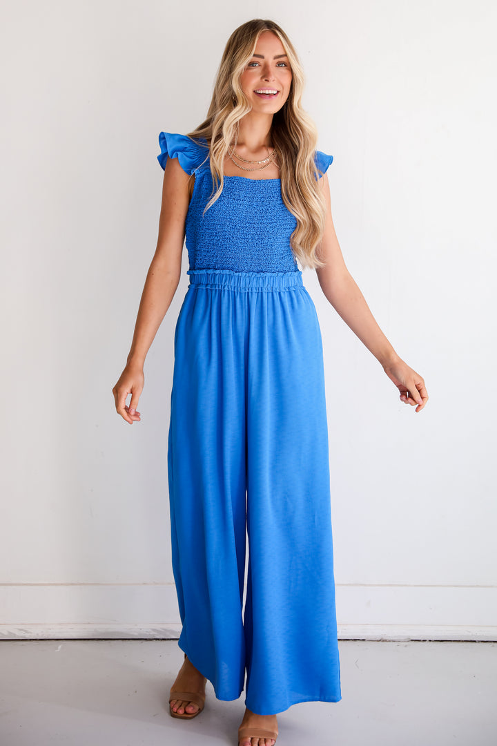 Blue Smocked Jumpsuit on model