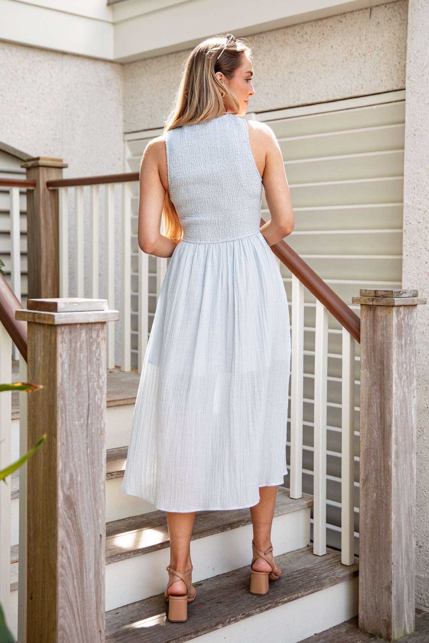 marta smocked midi dress Marta Smocked Midi Dress White & Blue Floral