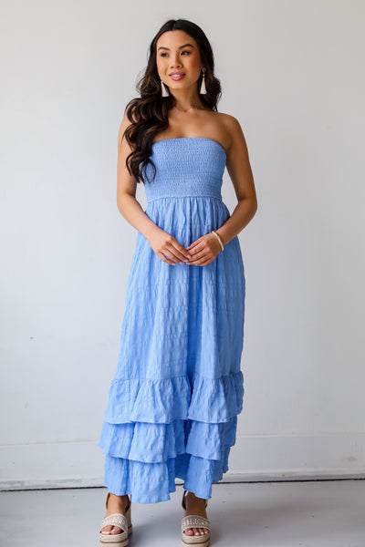Blue Smocked Strapless Maxi Dress for women