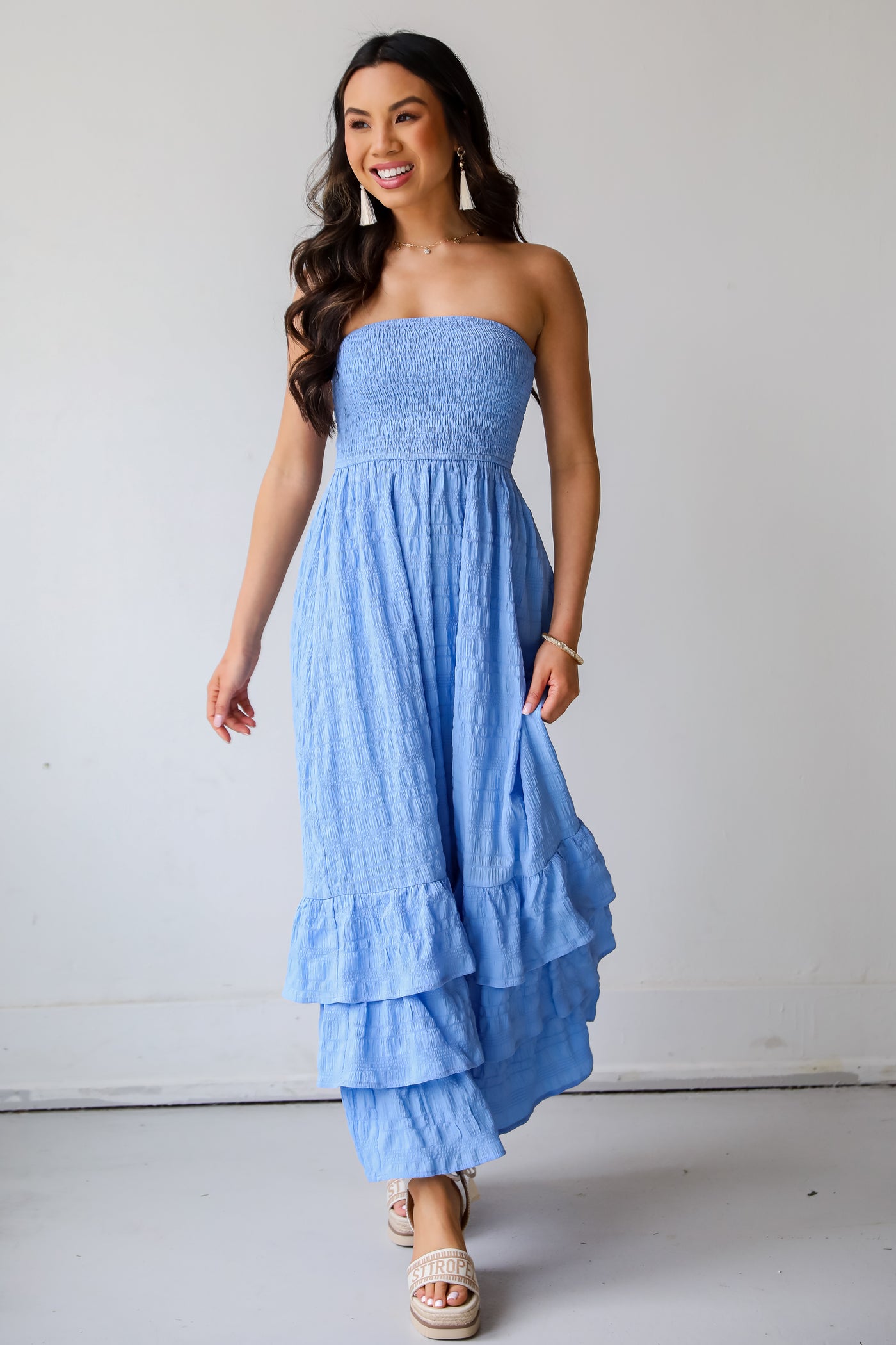 Blue Smocked Strapless Maxi Dress on model