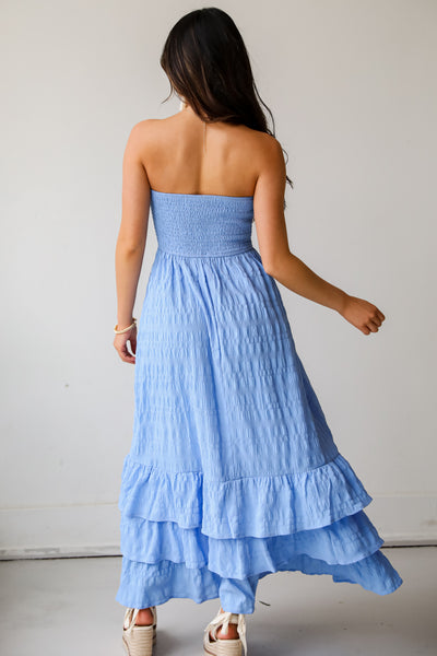 womens Blue Smocked Strapless Maxi Dress