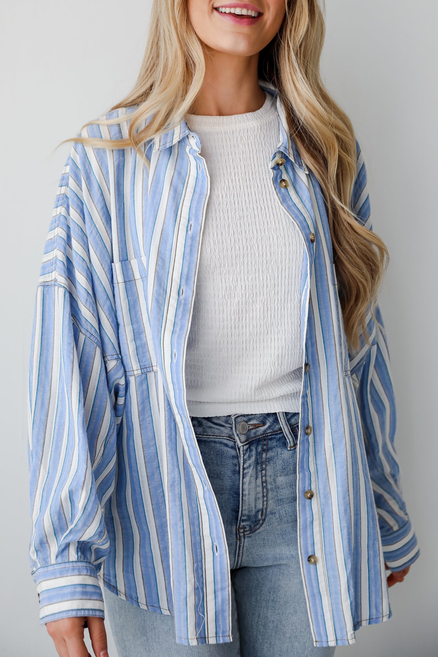 womens Blue Striped Button-Up Blouse
