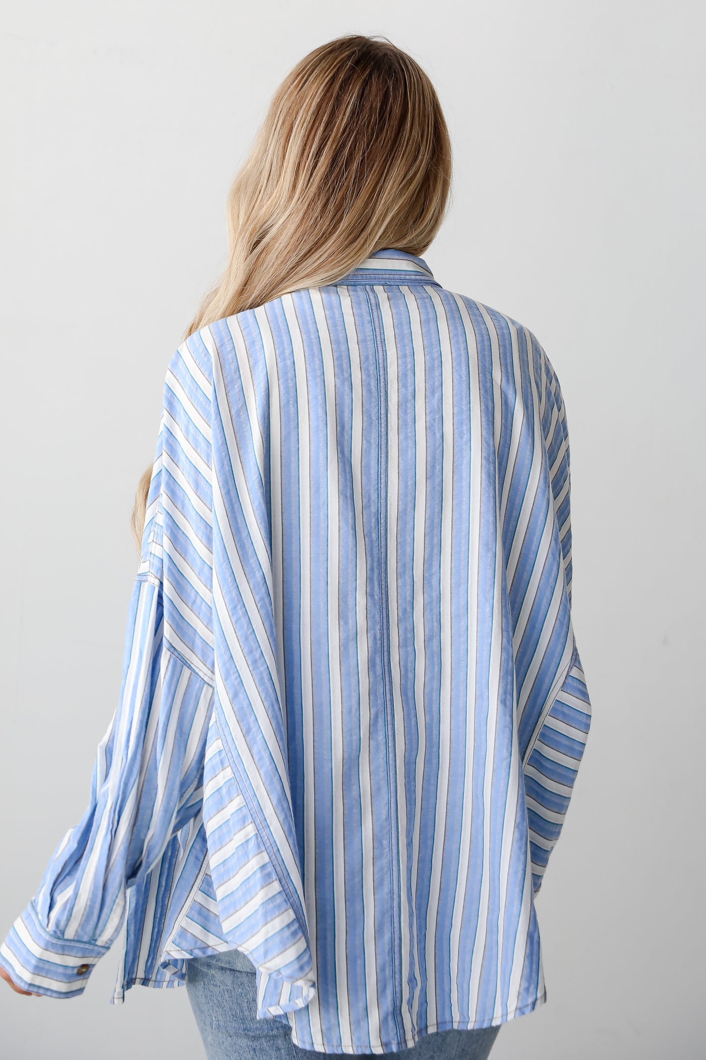 oversized Blue Striped Button-Up Blouse