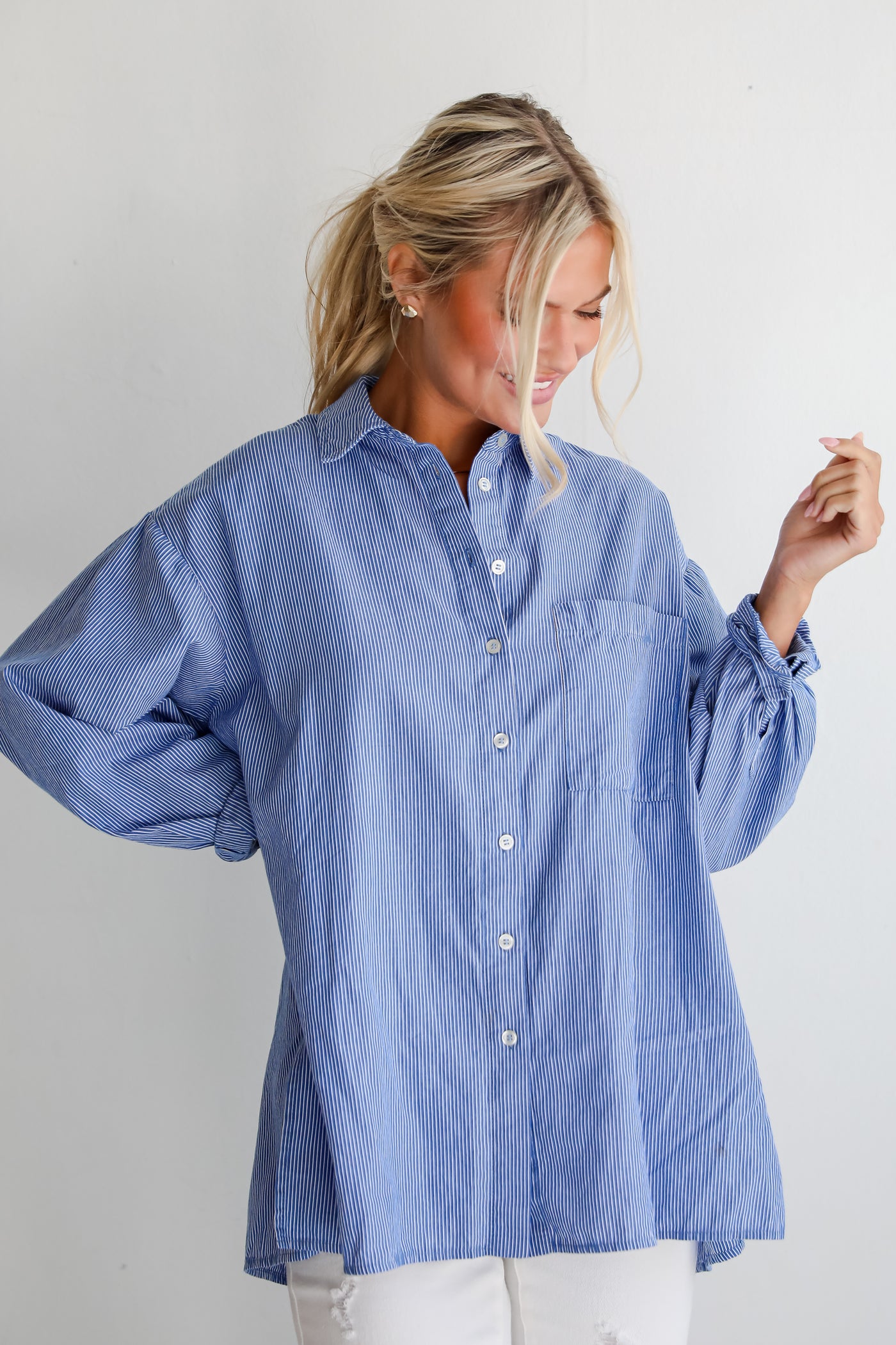oversized Blue Striped Button-Up Blouse
