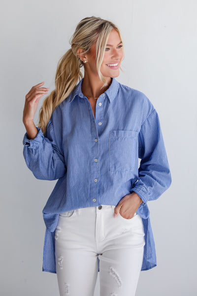 Blue Striped Button-Up Blouse for summer