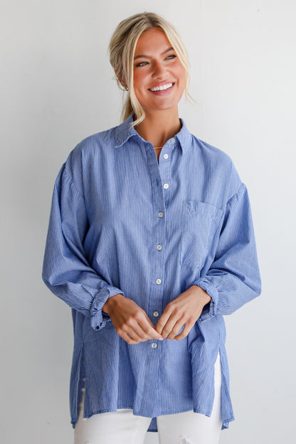 blue and white striped button up