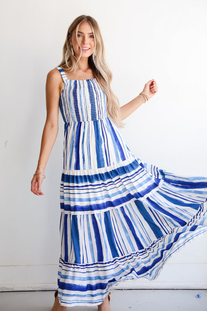 Impressively Darling Blue Striped Tiered Maxi Dress