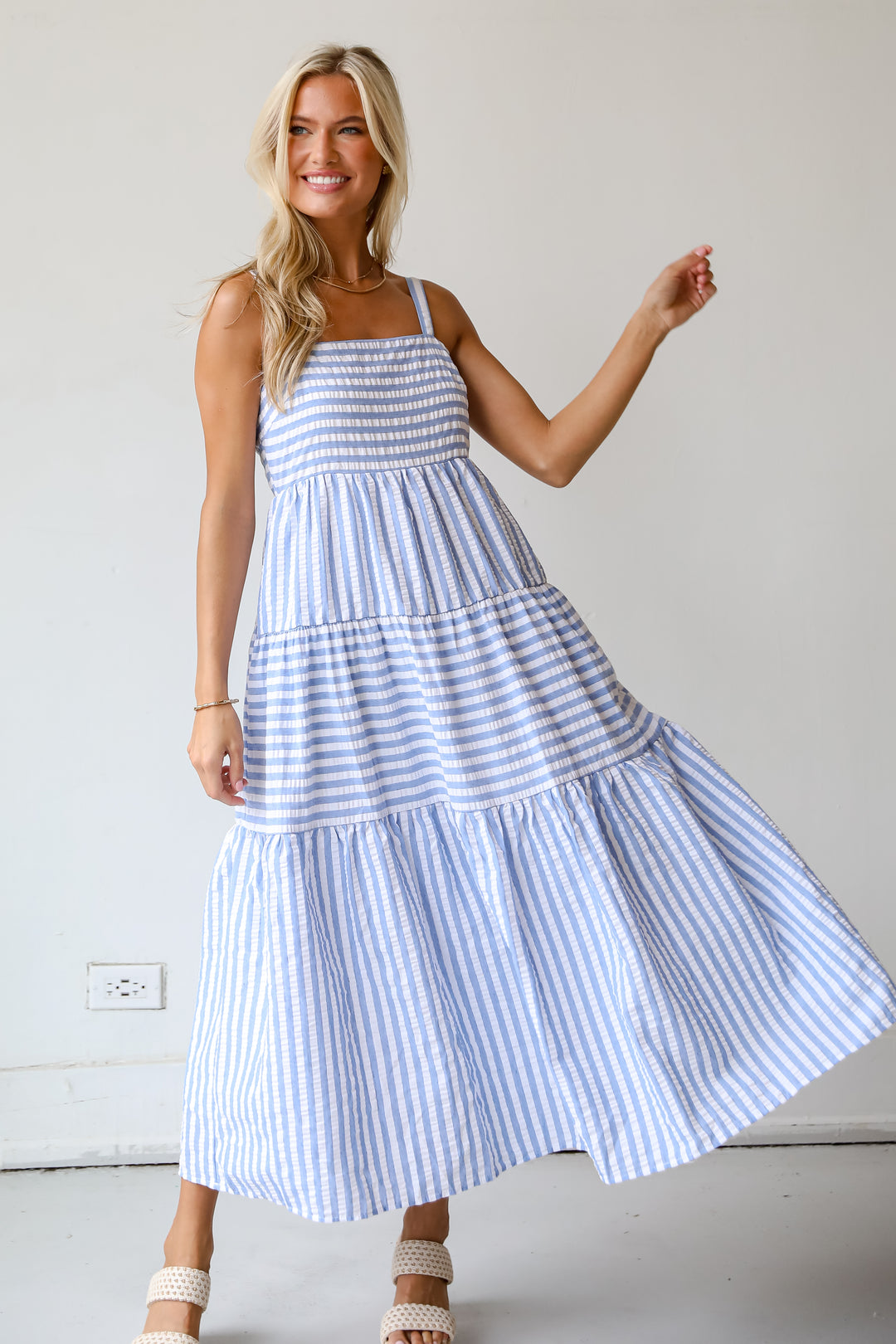 Sunny Aspirations Blue Striped Tiered Maxi Dress
