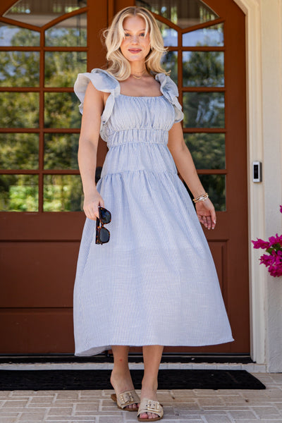 Cute Blue Stripe Tiered Midi Dress | Trendy Women's Dresses