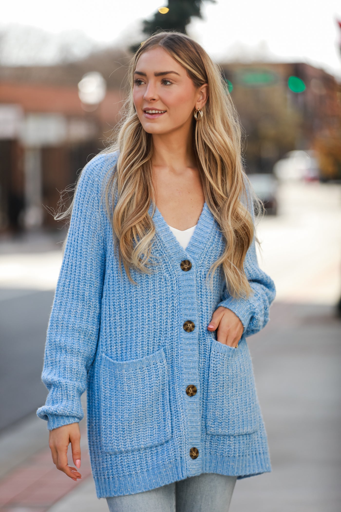 Blue Oversized Sweater Cardigan on model