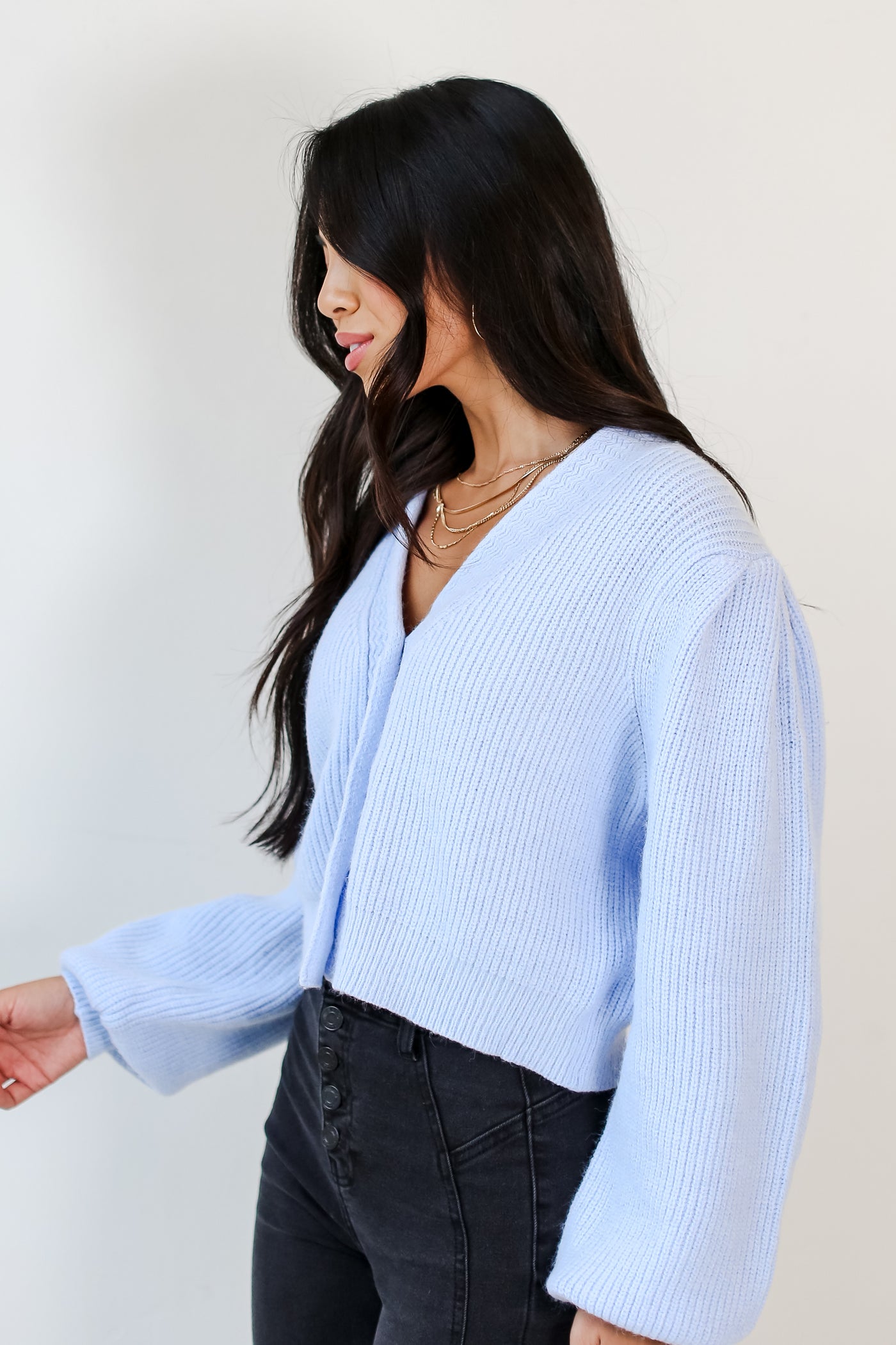 blue Sweater Cardigan side view