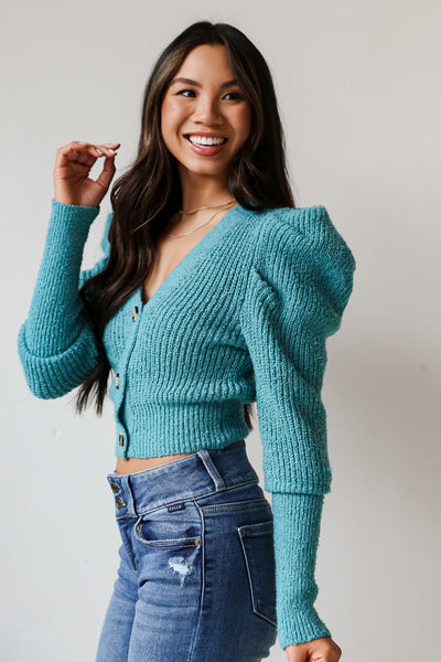 Teal Sweater Cardigan side view