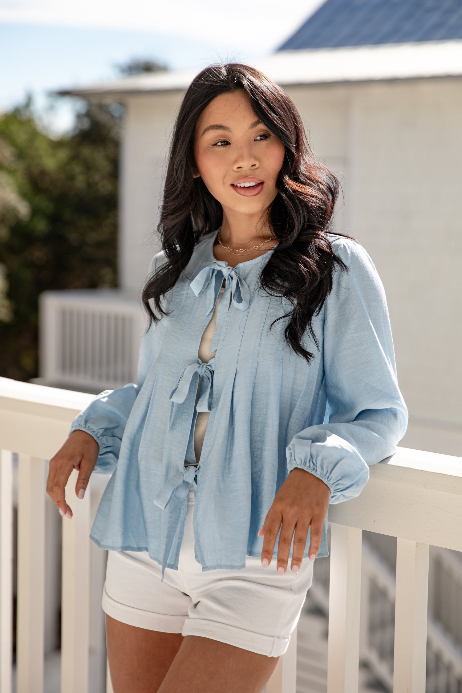 Skywashed Blue Tie-Front Blouse | Trendy Women's Tops | ShopDressUp Dress Up Skywashed Blue Tie-Front Blouse | Trendy Women's Tops | ShopDressUp Dress Up