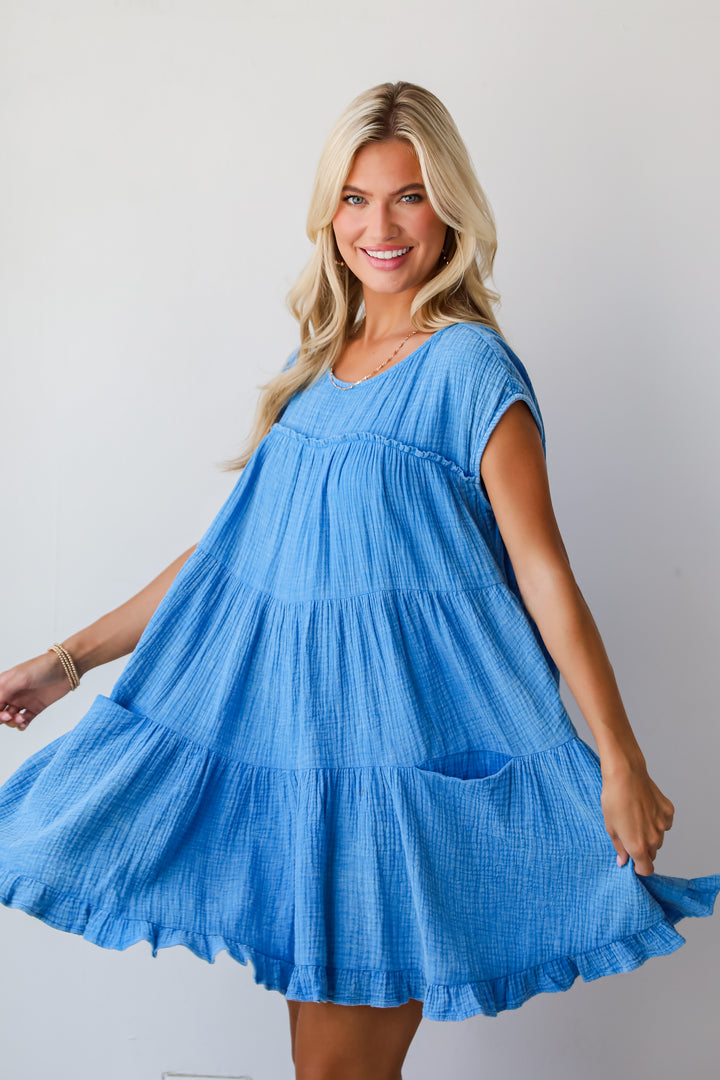 Serene Date Blue Linen Tiered Mini Dress