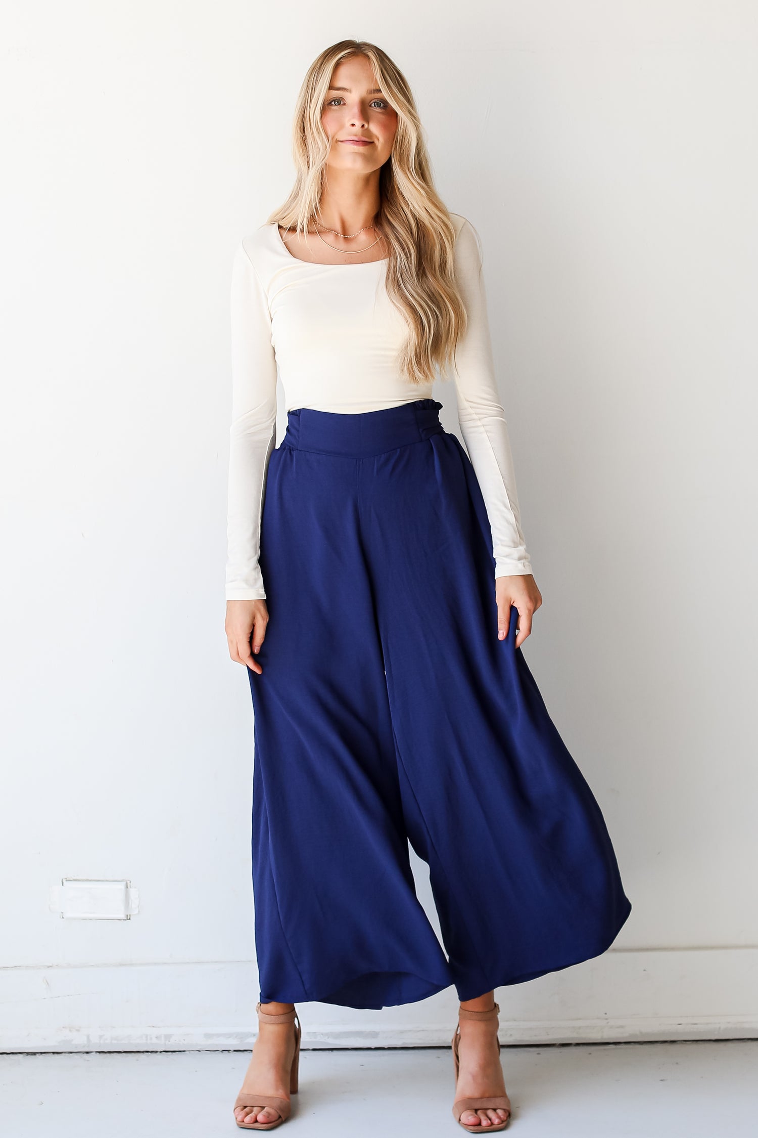 navy Wide Leg Pants on dress up model