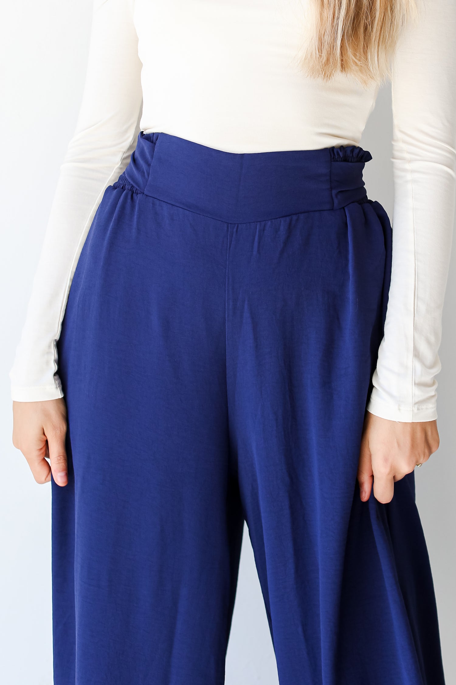 navy Wide Leg Pants close up view