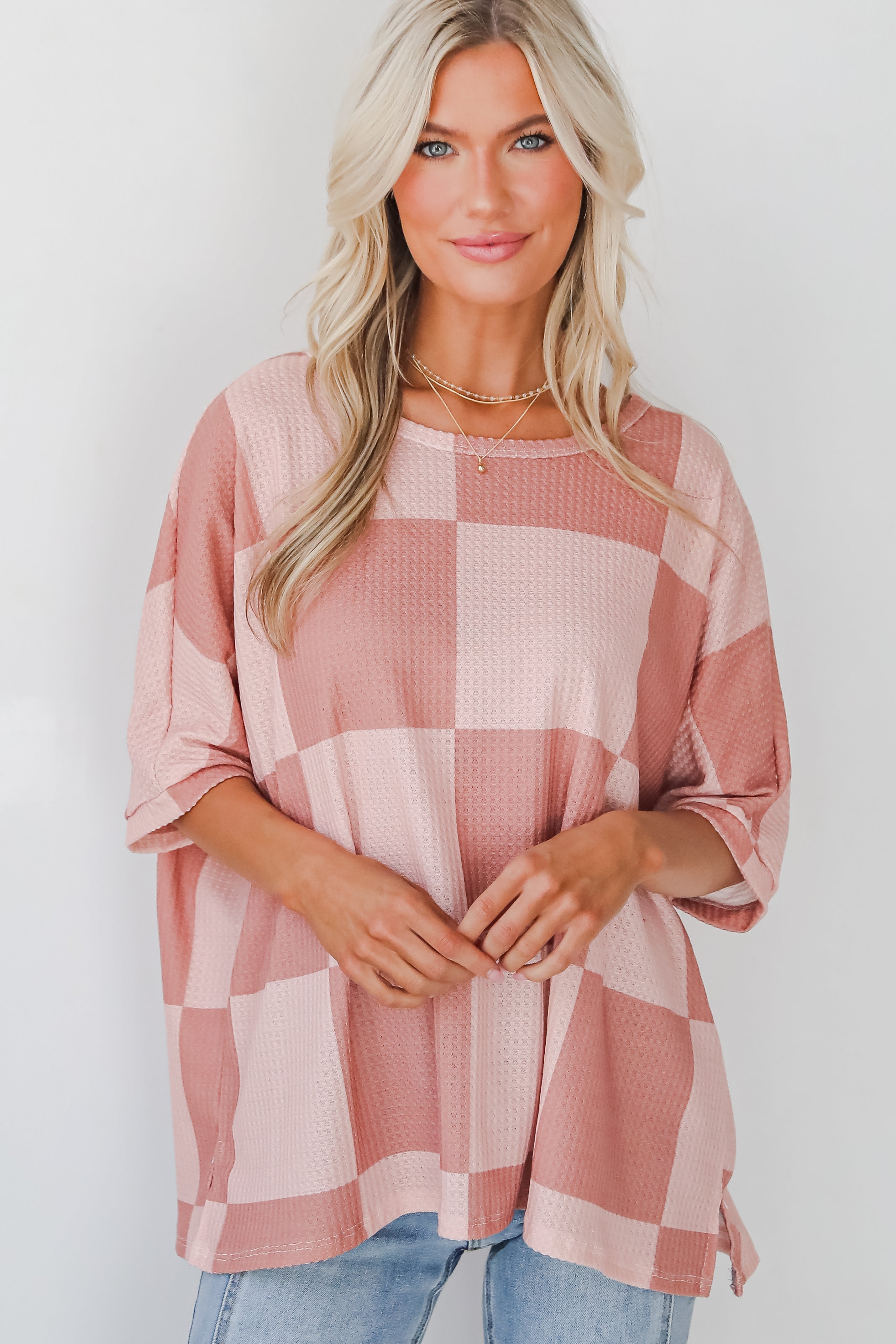 Delaney Blush Checkered Waffle Knit Top