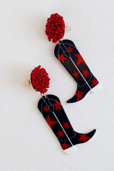 Red + Navy Cowboy Boot Earrings flat lay