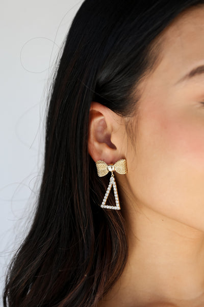 Gold Rhinestone Bow Drop Earrings