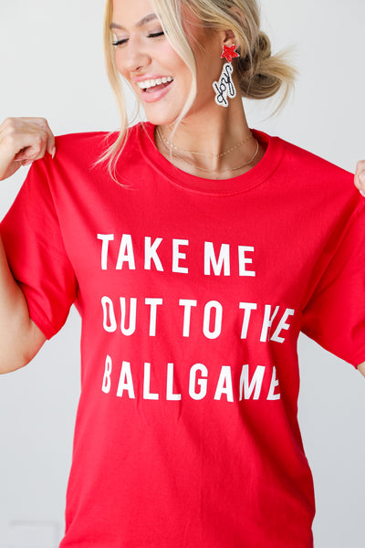 Red Take Me Out To The Ballgame Tee on model