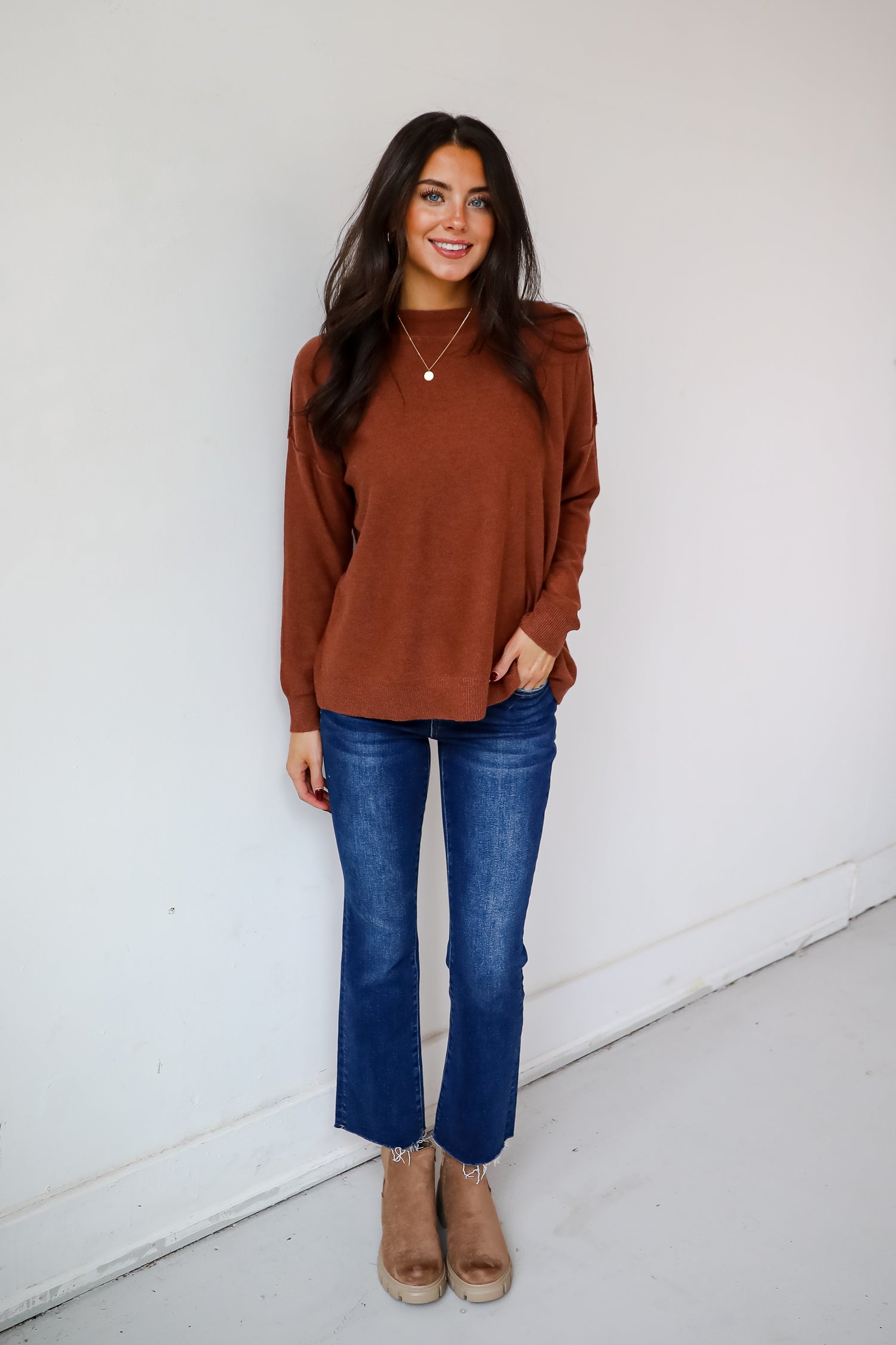 Cozy Vibes Brick Lightweight Knit Sweater