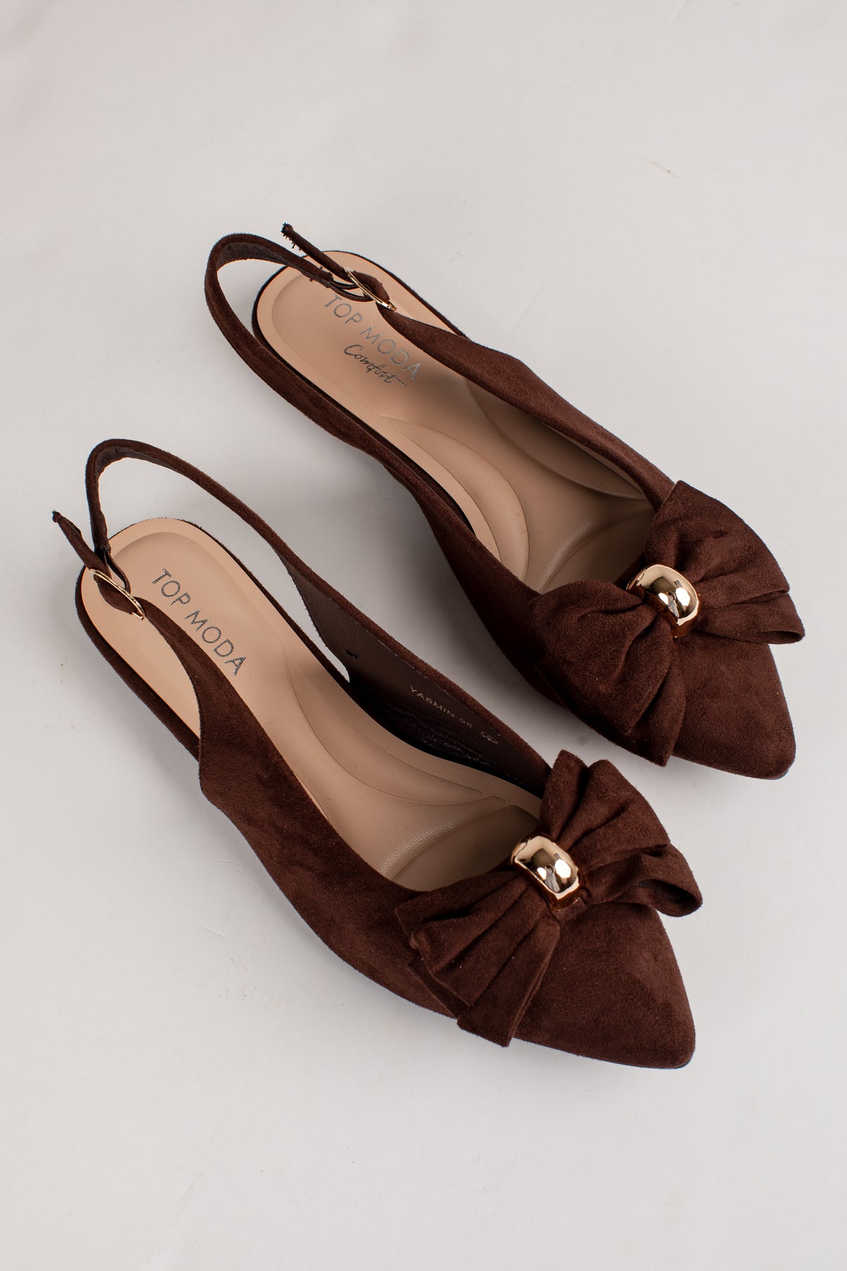 Pretty Detail Brown Bow Suede Slingback Flats