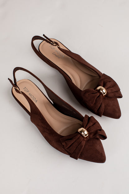 Pretty Detail Brown Bow Suede Slingback Flats