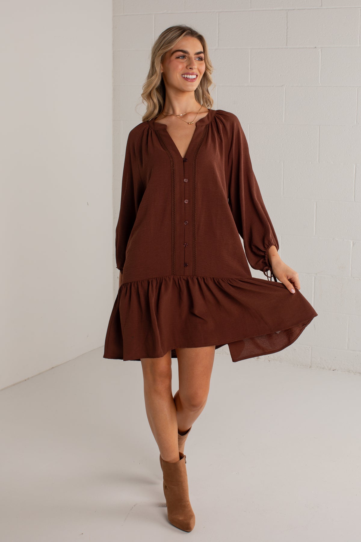 Refined Taste Brown Button-Front Mini Dress