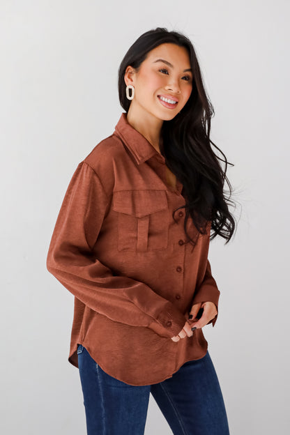 Extravagantly Sleek Brown Button-Up Blouse