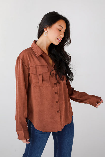 Extravagantly Sleek Brown Button-Up Blouse