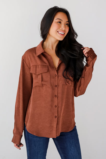 Extravagantly Sleek Brown Button-Up Blouse