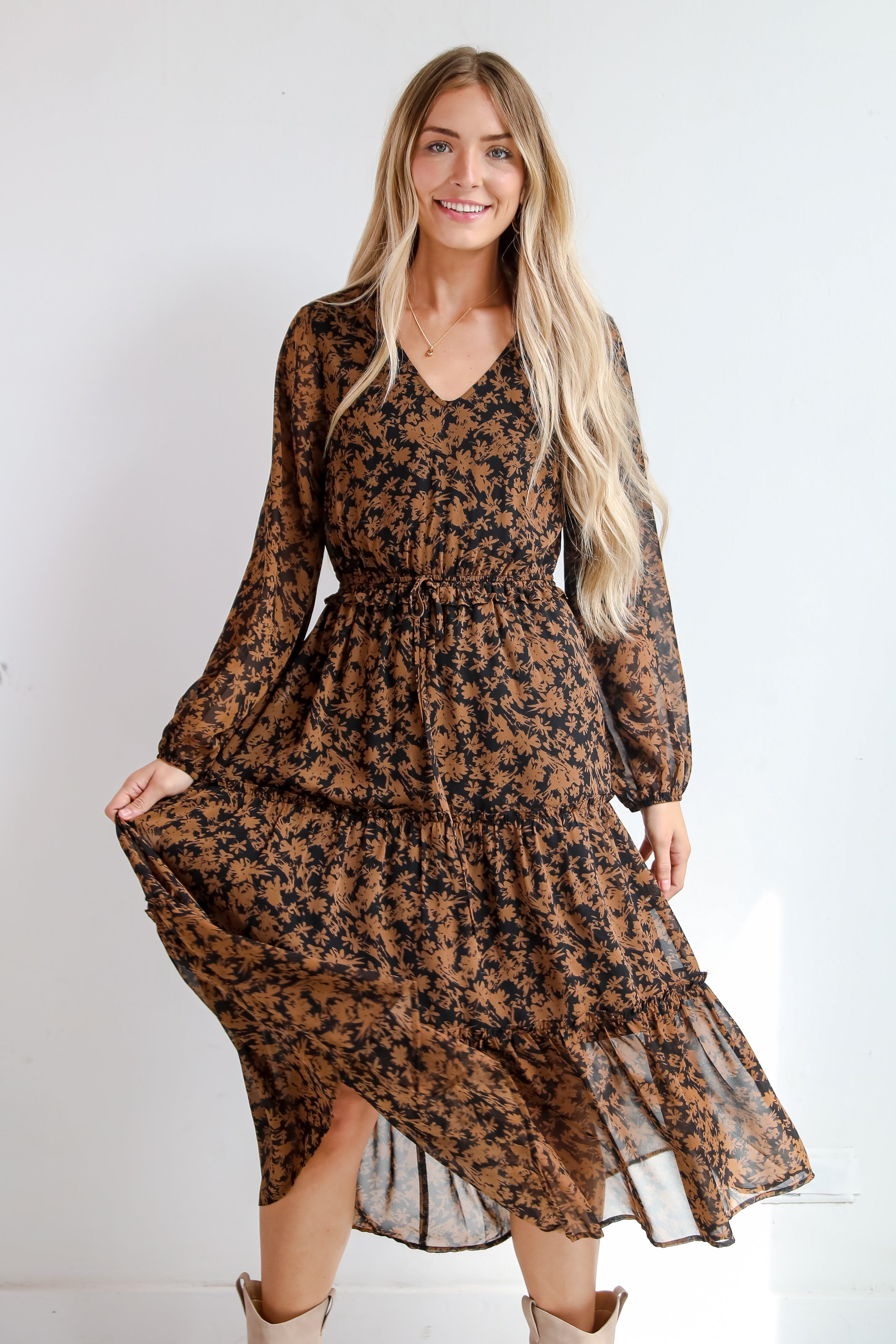 Graceful Glamour Black Floral Midi Dress