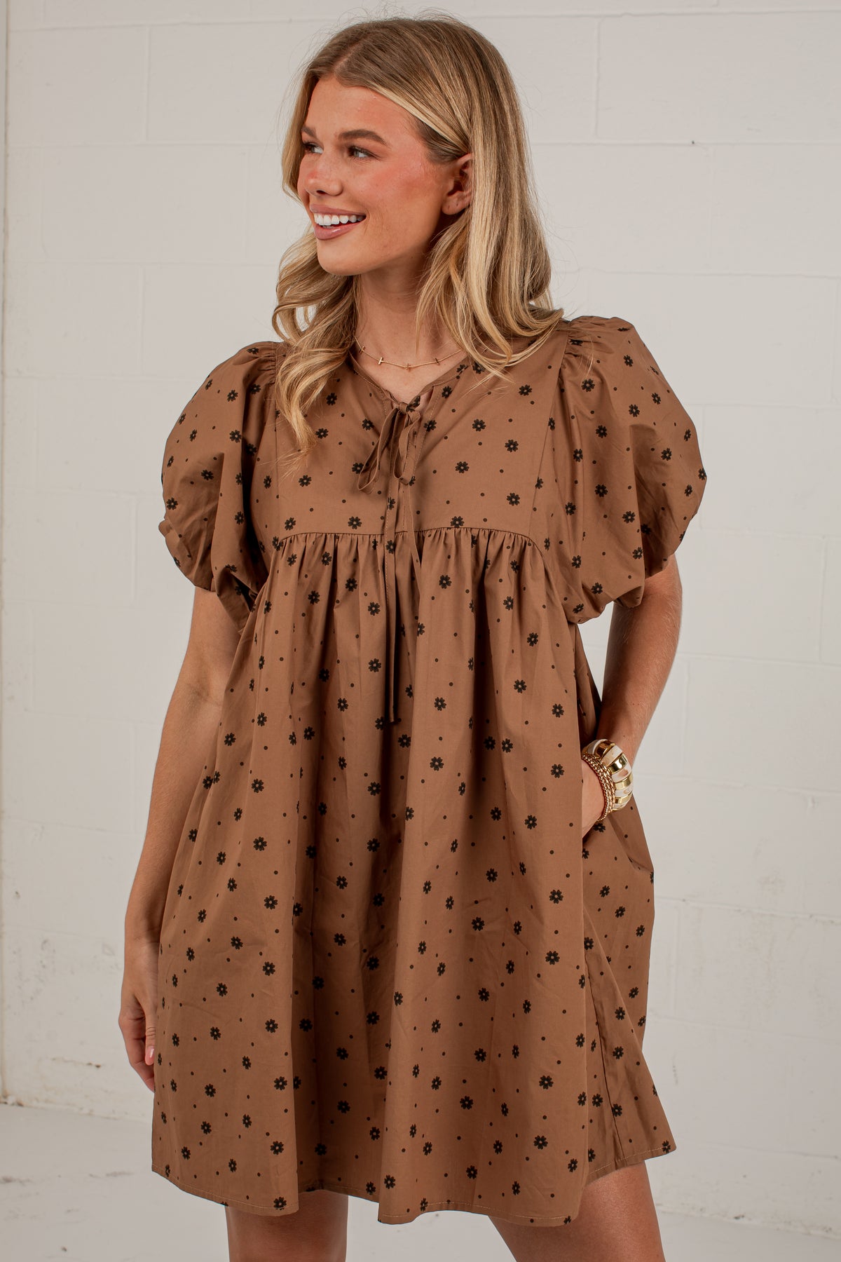 Chasing Autumn Brown Floral Puff Sleeve Mini Dress