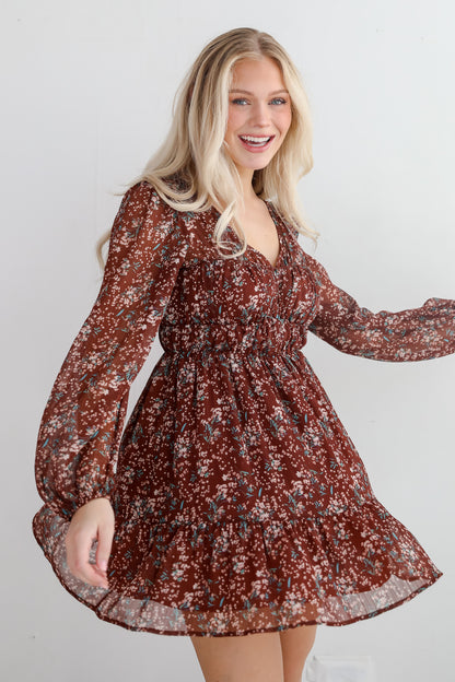 Charming Invitation Brown Floral Mini Dress