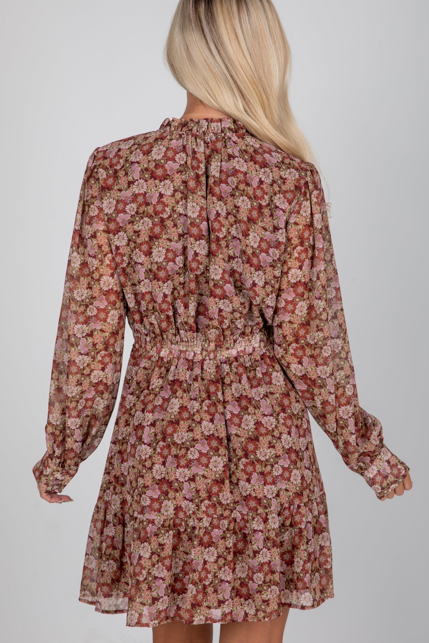 Floral dress worn by a person on a plain background