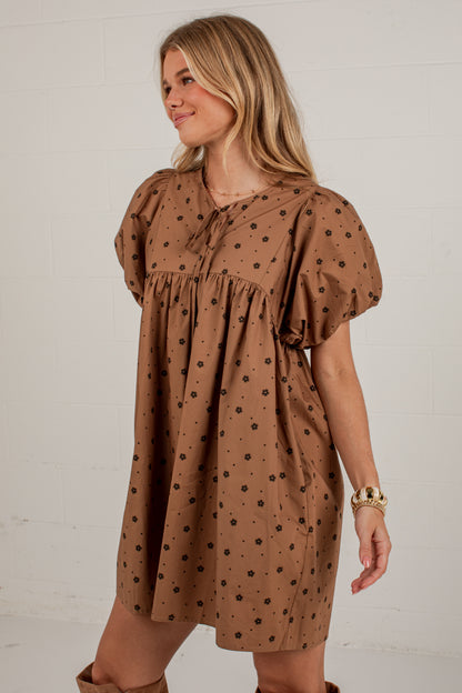 Chasing Autumn Brown Floral Puff Sleeve Mini Dress