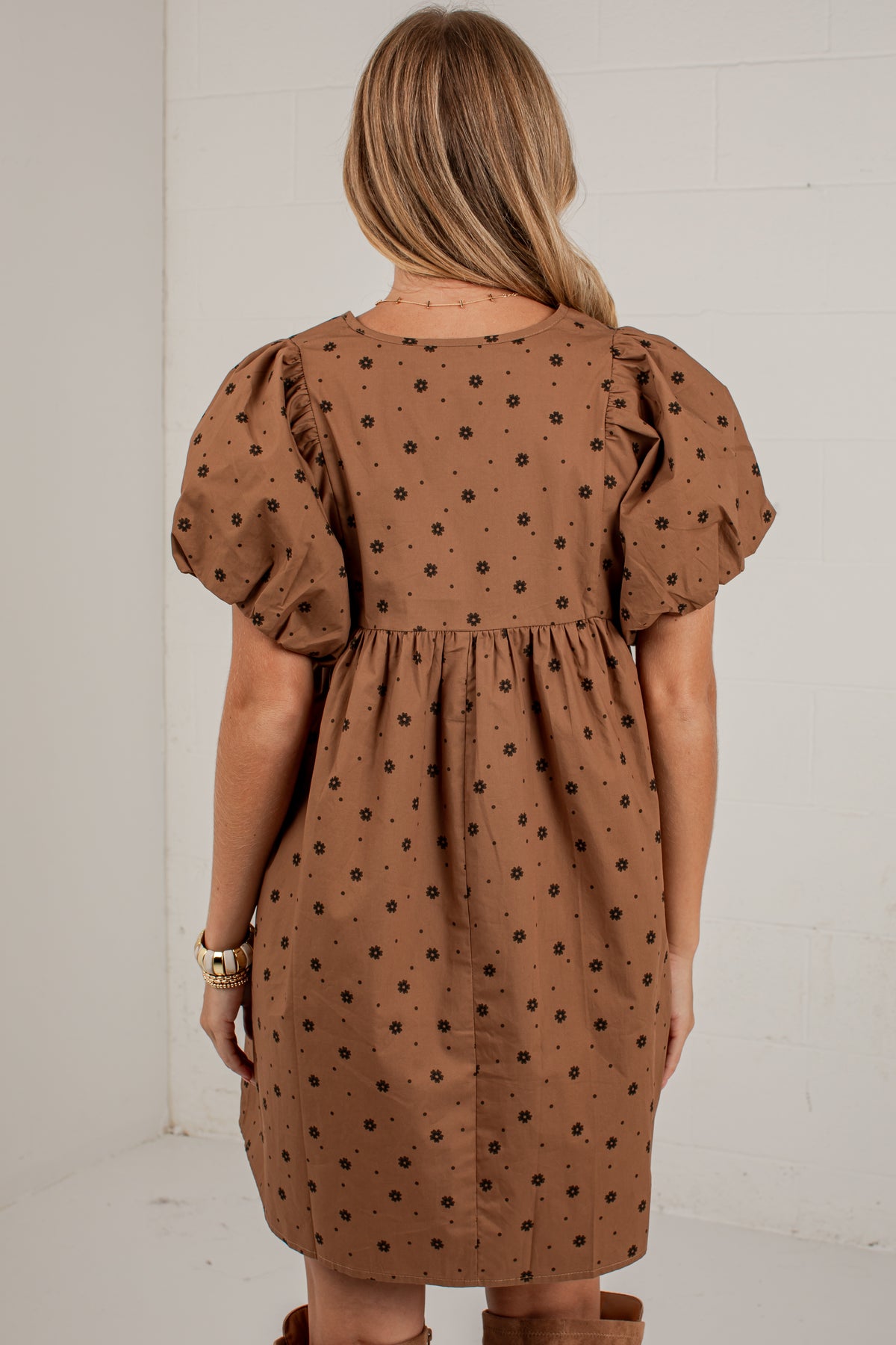 Chasing Autumn Brown Floral Puff Sleeve Mini Dress